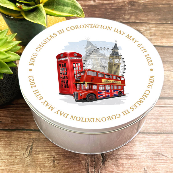Round Big Ben Red Bus London King Charles III Coronation Souvenir Tin