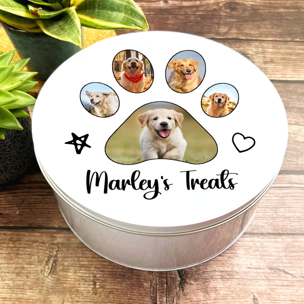 Round Large Pawprint Photos Personalised Dog Biscuit Treat Tin