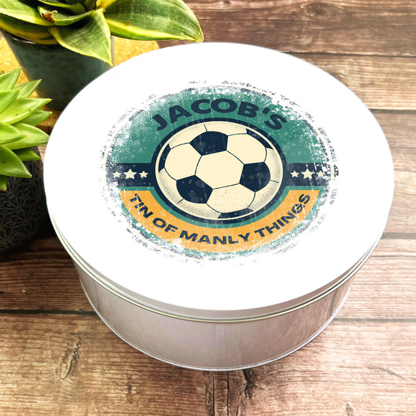 Round Bits & Bobs Retro Football Things Personalised Men's Storage Tin