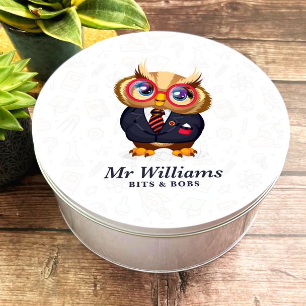 Round Owl In Glasses Teacher Bits & Bobs Personalised Tin