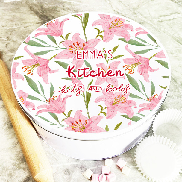 Round Peach Pink Watercolour Floral Personalised Kitchen Bits & Bobs Tin