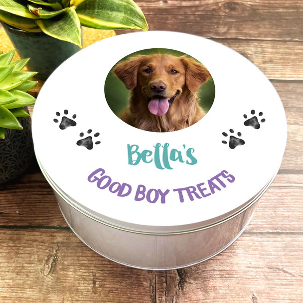 Round Pet Good Boy Girl Treats Photo Paw Prints Personalised Treat Tin