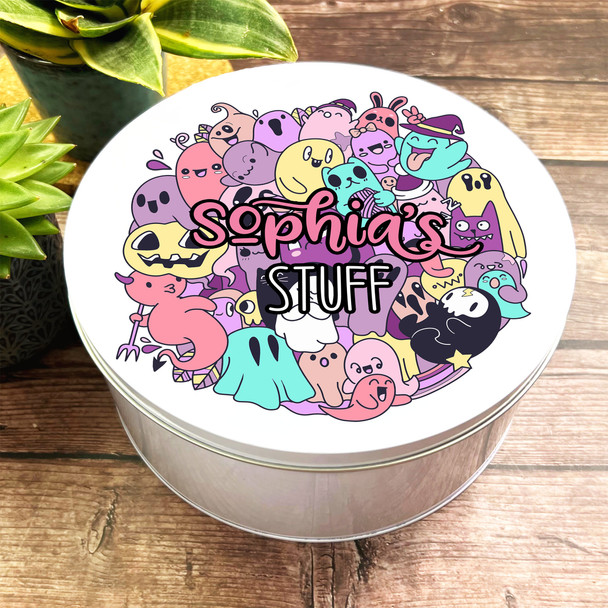 Round Purple Yellow Floral Ghosts Monsters Kids Personalised Stuff Tin