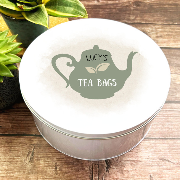 Round Rustic Sage Green Teapot Shabby Chic Personalised Tea Bag Tin