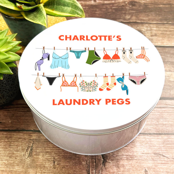 Round Washing On The Line Laundry Pegs Personalised Tin