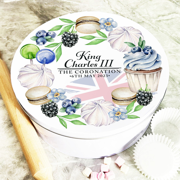Round Watercolour Blue Cupcakes Uk Flag King Charles III Coronation Souvenir Tin