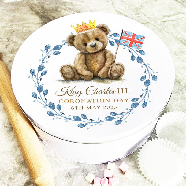 Round Watercolour Teddy Bear Uk Flag King Charles III Coronation Souvenir Tin