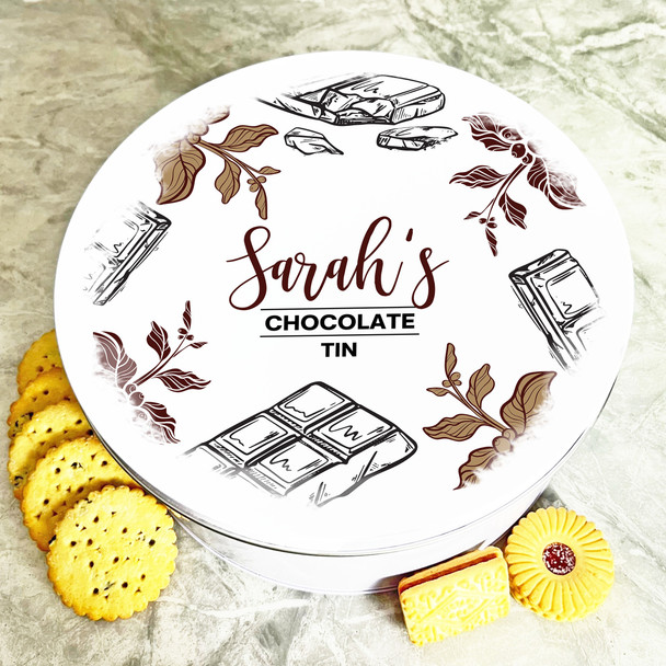 Round Brown Vintage Doodle Leaves Cocoa Personalised Chocolate Tin