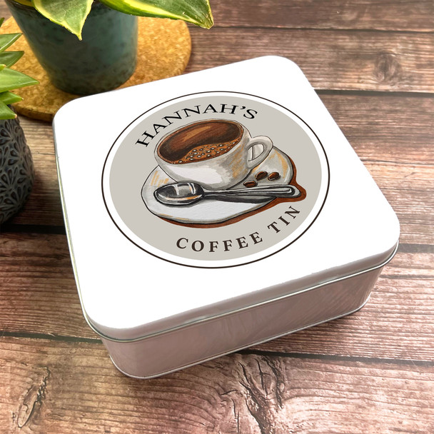 Square Cup With Spoon Illustration Beans Personalised Coffee Tin