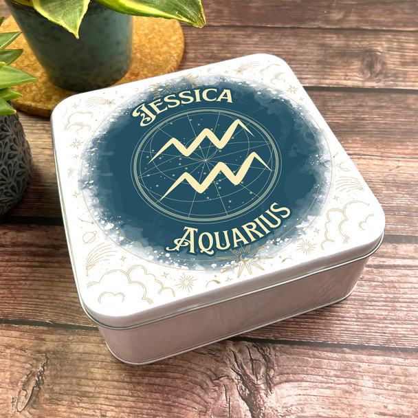 Square Aquarius Symbol Green Sky Stars Personalised Star Sign Tin