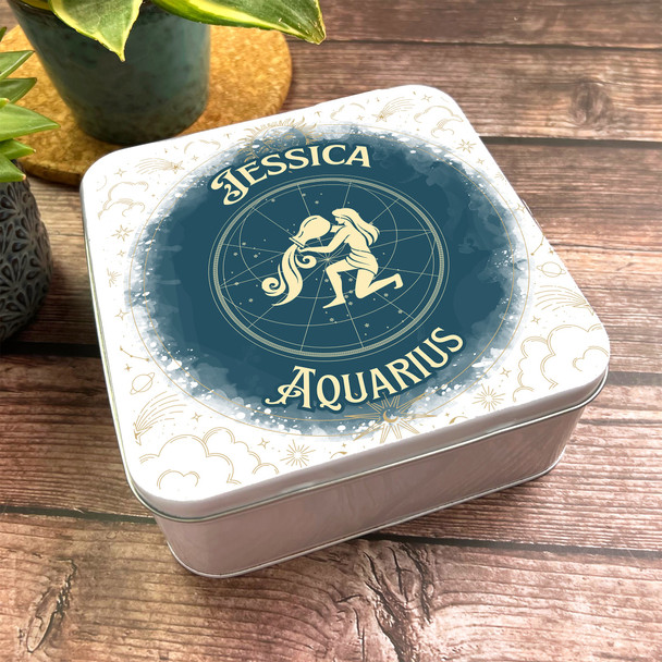 Square Aquarius Water Bearer Forest Green Stars Personalised Star Sign Tin