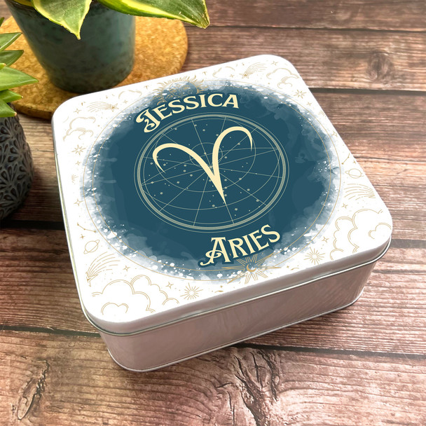 Square Aries Symbol Green Sky Stars Personalised Star Sign Tin