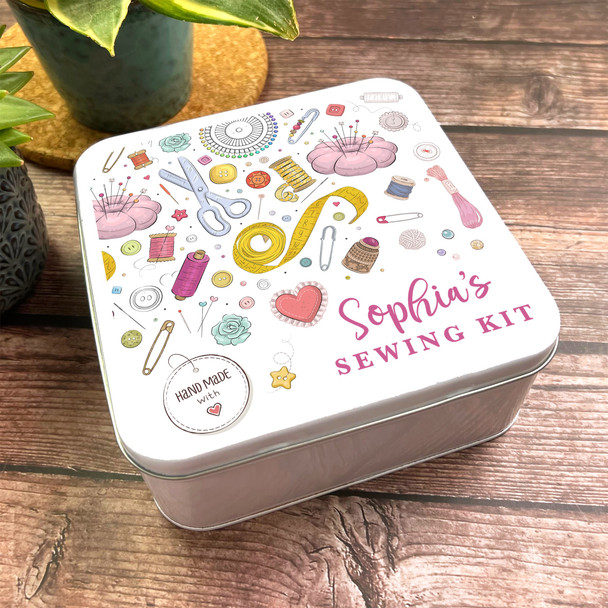 Square Cute Sewing Kit Elements Pink Personalised Tin