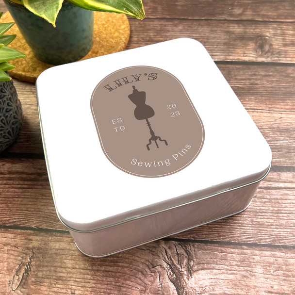 Square Dressmakers Mannequin Rustic Personalised Simple Sewing Tin