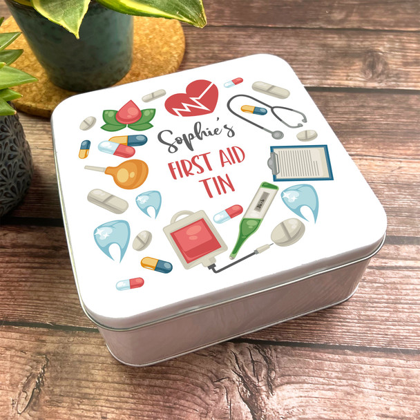 Square First Aid Pain Killers Icons Frame Personalised Medicine Tin