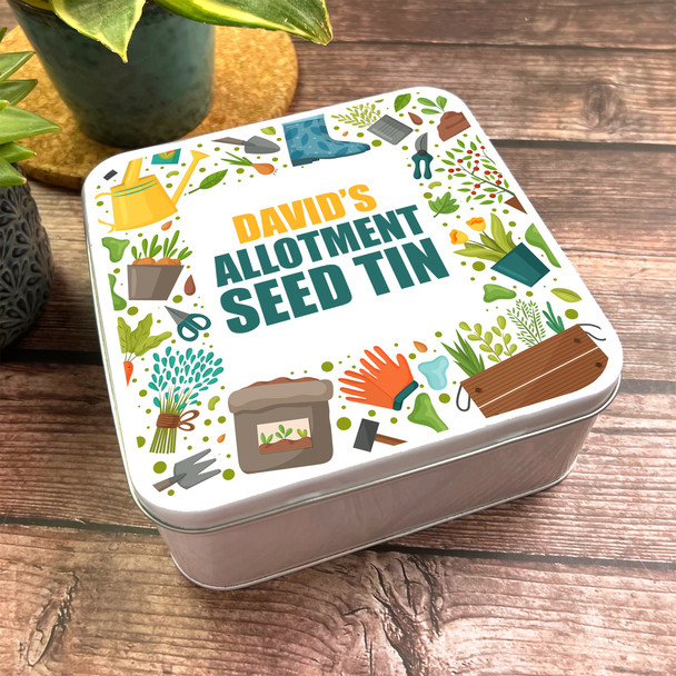 Square Garden Frame Tools & Green Plants Personalised Seed Tin