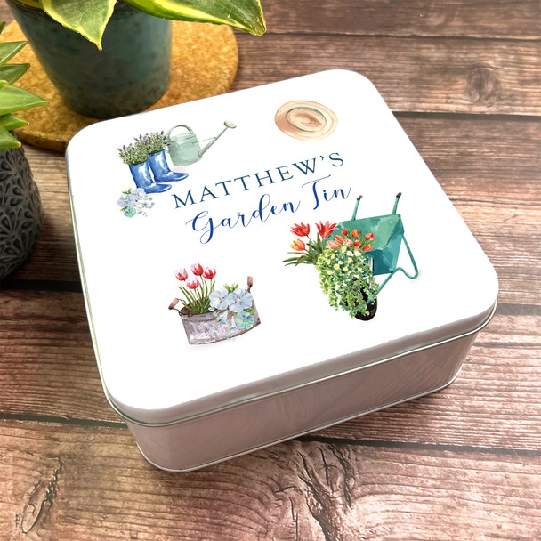 Square Garden Painted Outdoors Wellies Flowers Personalised Gardening Tin