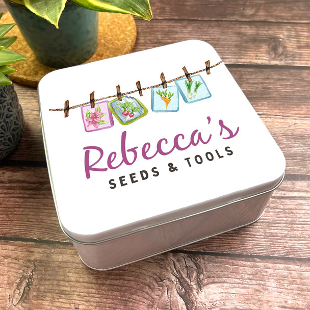 Square Gardening Tools Storage Rustic Watercolour Pegs Personalised Seed Tin
