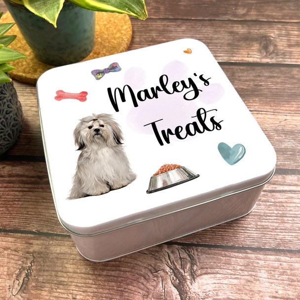 Square Lhasa Apso Pet Personalised Dog Biscuit Treat Tin