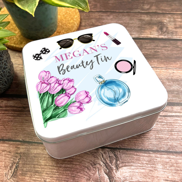 Square Make Up Perfume Pretty Blue Wash Pink Flowers Personalised Beauty Tin