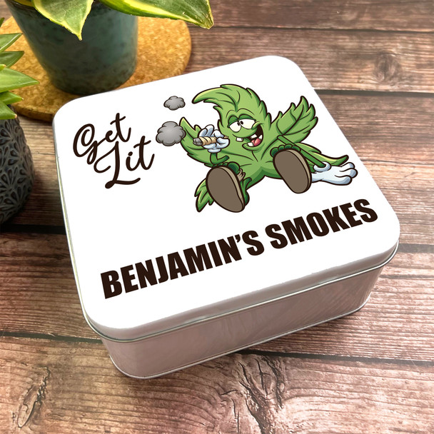Square Marijuana Leaf Cartoon Character Get Lit Weed Personalised Smoke Tin