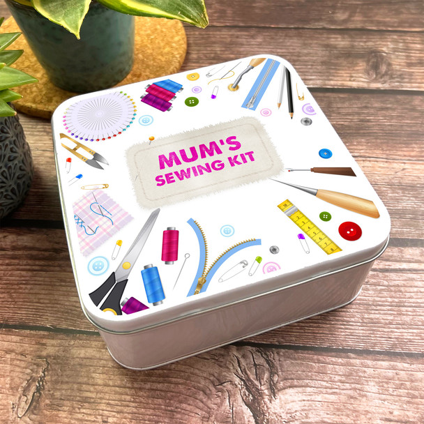 Square Mum's Bright Sewing Kit Equipment Personalised Tin