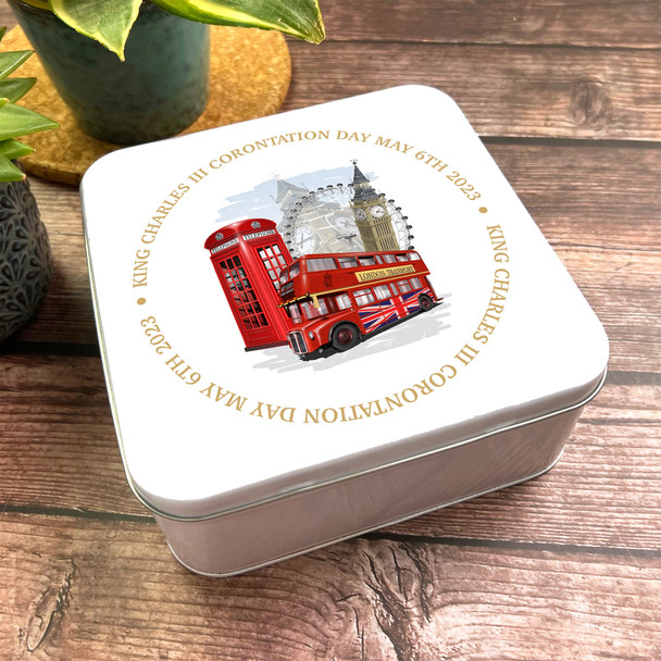 Square Big Ben Red Bus London Gold King Charles III Coronation Souvenir Tin