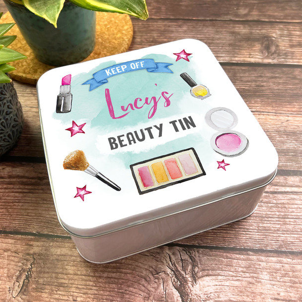 Square Painted Keep Off Make Up Girl Pretty Personalised Beauty Tin