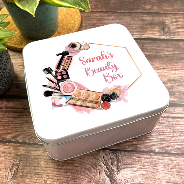 Square Pink Make Up Frame Gold Personalised Beauty Tin