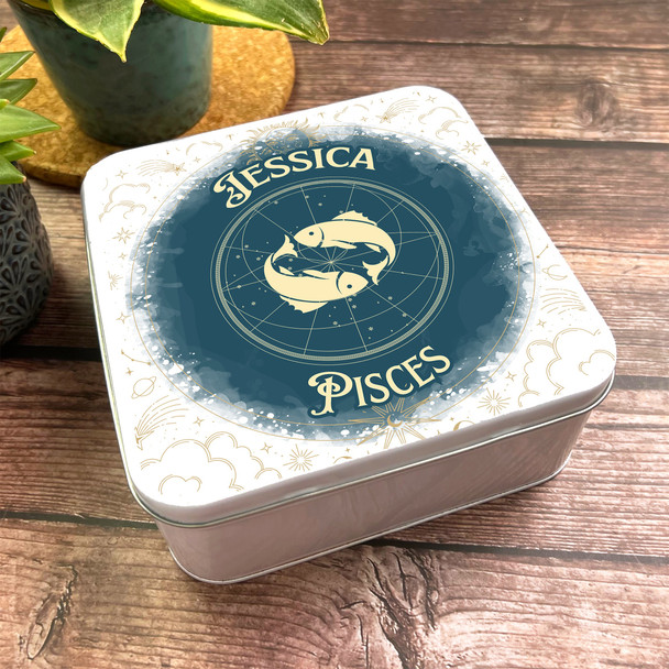 Square Pisces Fish Forest Green Sky Stars Personalised Star Sign Tin