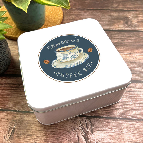 Square Printed Coffee Cup Saucer Beans Vintage Personalised Coffee Tin