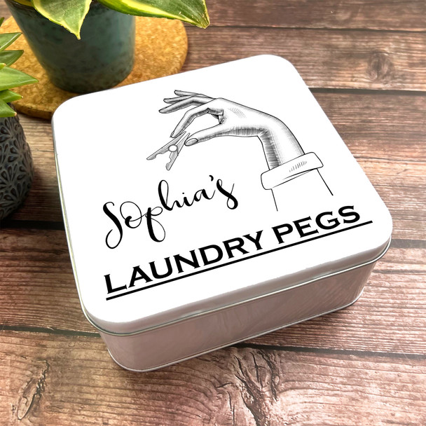 Square Retro Hand Holding Laundry Peg Personalised Washing Tin