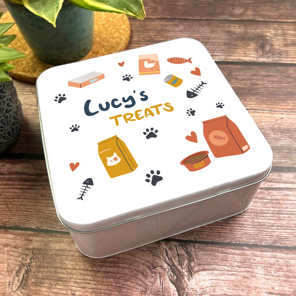 Square Set Of Cat Food Personalised Biscuit Treats Tin