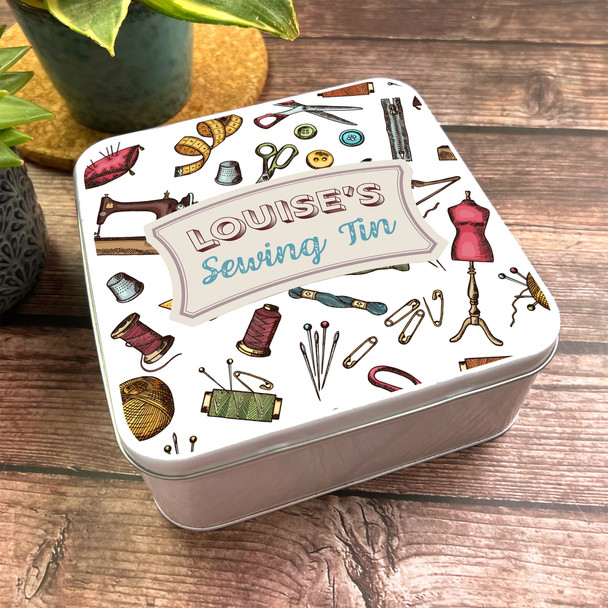 Square Vintage Antique Sewing Tools Pattern Personalised Sewing Tin