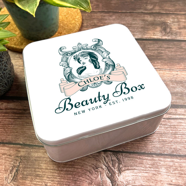 Square Vintage Woman Mirror Makeup Skincare Storage Personalised Beauty Tin