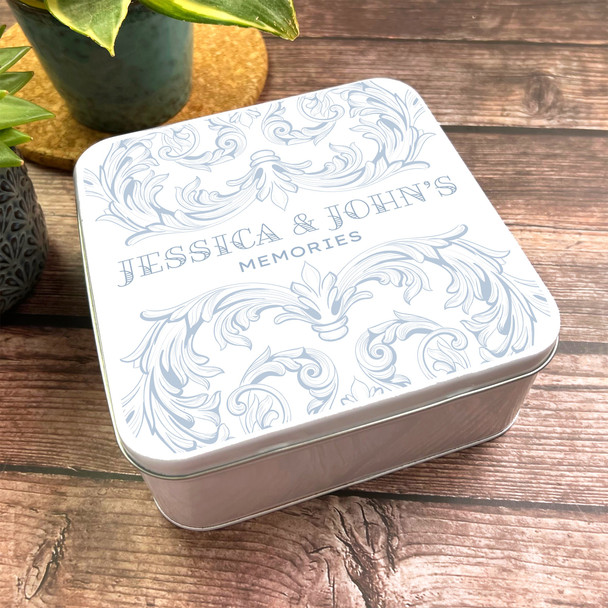 Square Blue Elegant Vintage Dusky Pastel Personalised Couple Memories Tin