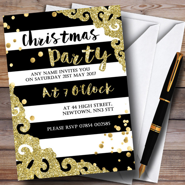 Glitter Border Black Stripes Customised Christmas Party Invitations