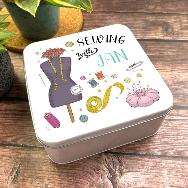 Square Bright Sewing Kit Icons With Personalised Tin