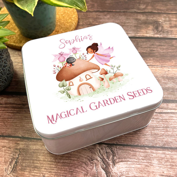 Square Brown Hair Fairy Garden & Mushroom House Personalised Seeds Tin
