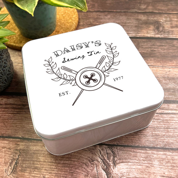 Square Button Crossed Needles Rustic Shabby Chic Personalised Sewing Tin