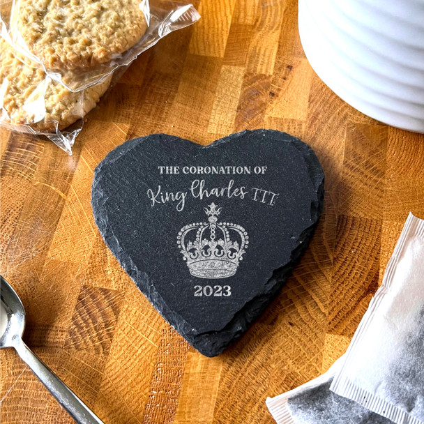 Crown Jewels King Charles III Coronation Day Souvenir Heart Shape Slate Coaster