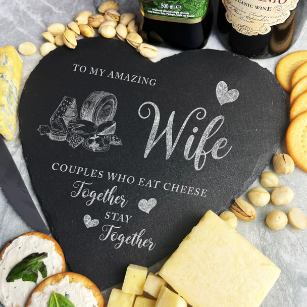 Couple Eat Cheese Together Funny Wife Gift Heart Slate Cheese Serving Board