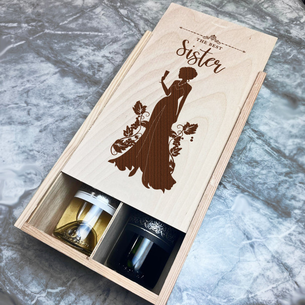 Pretty Lady In Dress Holding Drink Best Sister Double Two Bottle Wine Gift Box