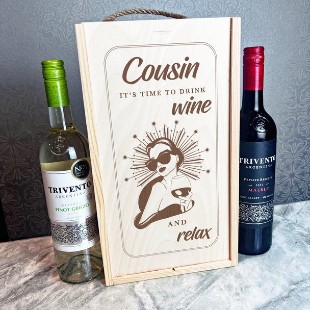 Cousin It's Time To Drink Wine Relax Lady Holding Drink Two Bottle Wine Gift Box