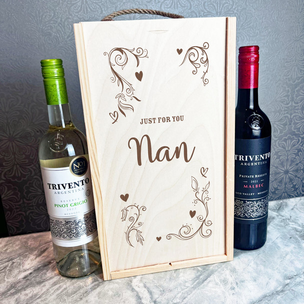 Pretty Hearts Swirl Frame Just For You Nan Double Two Bottle Wine Gift Box