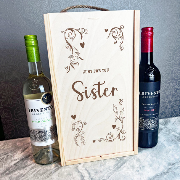 Pretty Hearts Swirl Frame Just For You Sister Double Two Bottle Wine Gift Box