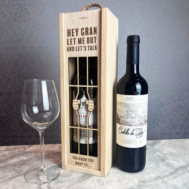 Gran Let Me Out Lets Talk Prison Bars Wooden Rope Single Bottle Wine Gift Box