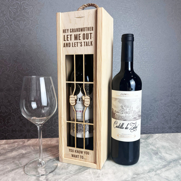 Grandmother Let Me Out Lets Talk Prison Bars Wooden Single Bottle Wine Gift Box