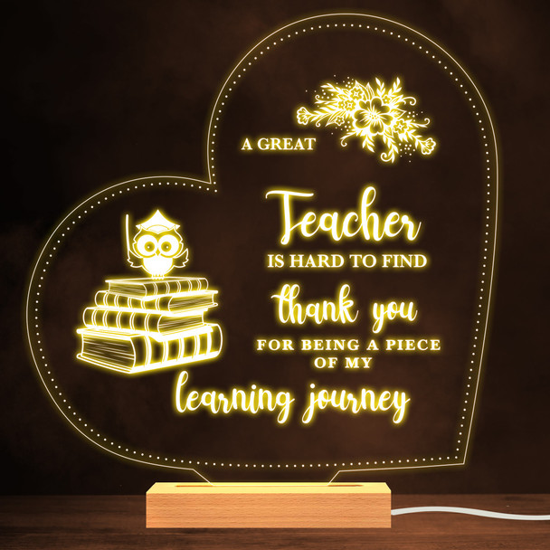 Owl Book A Great Teacher Thank You Floral Heart Personalised White Night Light