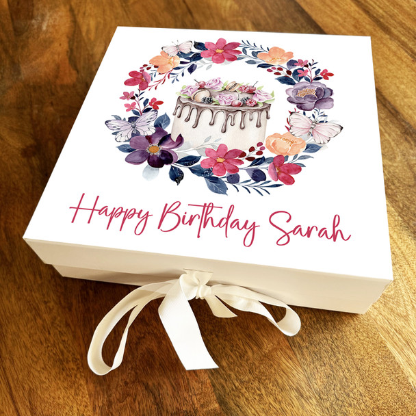 Square Birthday Pink Purple Butterfly Floral Wreath Personalised Hamper Gift Box